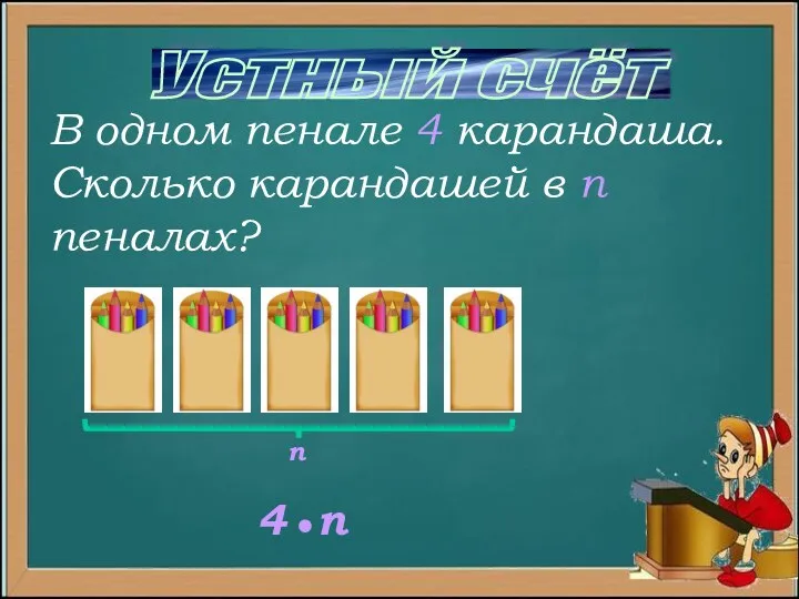 Устный счёт В одном пенале 4 карандаша. Сколько карандашей в п пеналах? п 4 п