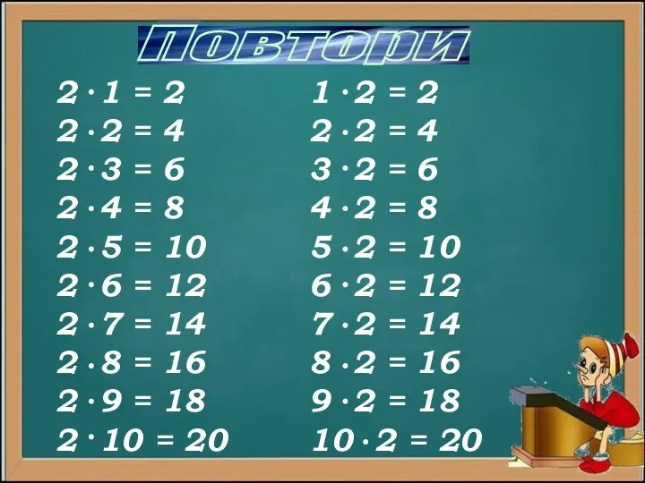 Повтори 2 1 = 2 2 2 = 4 2