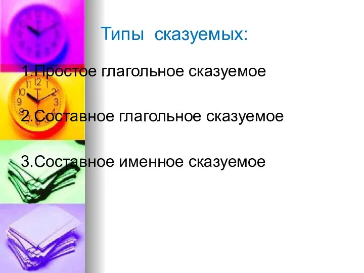 Типы сказуемых: 1.Простое глагольное сказуемое 2.Составное глагольное сказуемое 3.Составное именное сказуемое