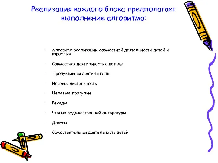 Реализация каждого блока предполагает выполнение алгоритма: Алгоритм реализации совместной деятельности