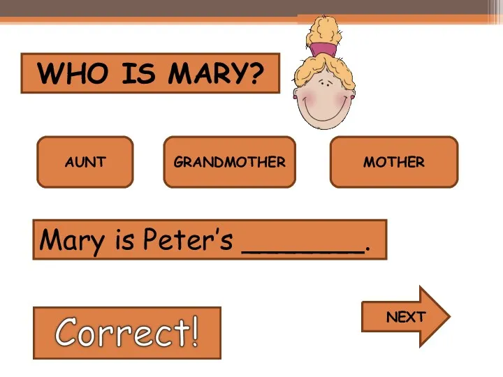 WHO IS MARY? AUNT GRANDMOTHER MOTHER Mary is Peter’s _______. NEXT