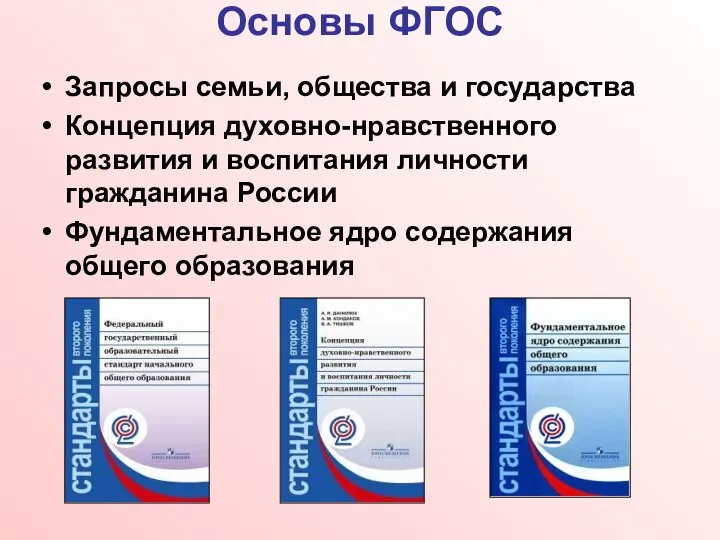 Основы ФГОС Запросы семьи, общества и государства Концепция духовно-нравственного развития и воспитания личности