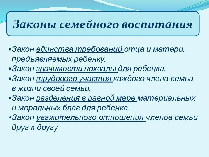 Законы семейного воспитания Закон единства требований отца и матери, предъявляемых