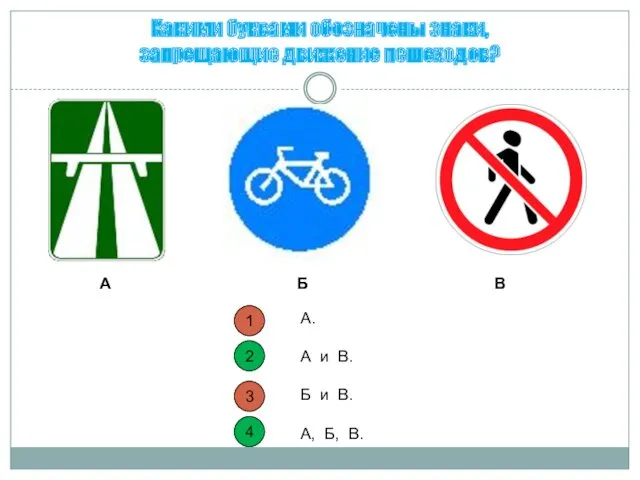 2 3 1 Какими буквами обозначены знаки, запрещающие движение пешеходов? А. А и