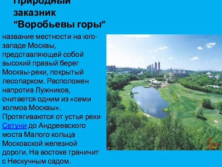 Природный заказник “Воробьевы горы” название местности на юго-западе Москвы, представляющей собой высокий правый