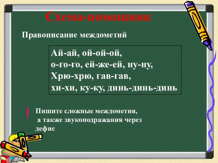 Схема-помощник Правописание междометий Ай-ай, ой-ой-ой, о-го-го, ей-же-ей, ну-ну, Хрю-хрю, гав-гав,