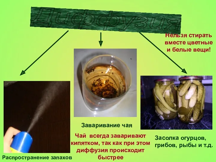 Заваривание чая Засолка огурцов, грибов, рыбы и т.д. Распространение запахов