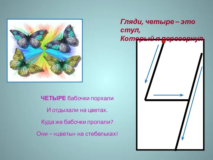 Гляди, четыре – это стул, Который я перевернул. ЧЕТЫРЕ бабочки