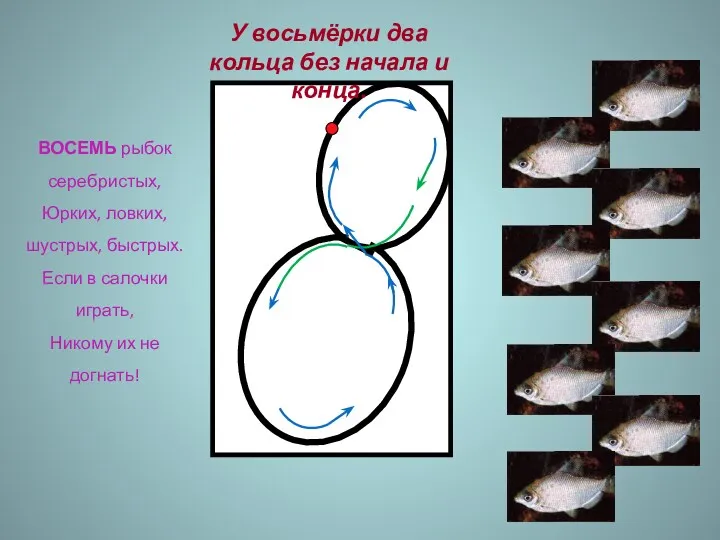 У восьмёрки два кольца без начала и конца. ВОСЕМЬ рыбок