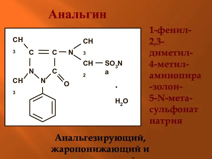 Анальгин Анальгезирующий, жаропонижающий и противовоспалительный препарат 1-фенил- 2,3-диметил- 4-метил- аминопира-золон- 5-N-мета- сульфонат натрия