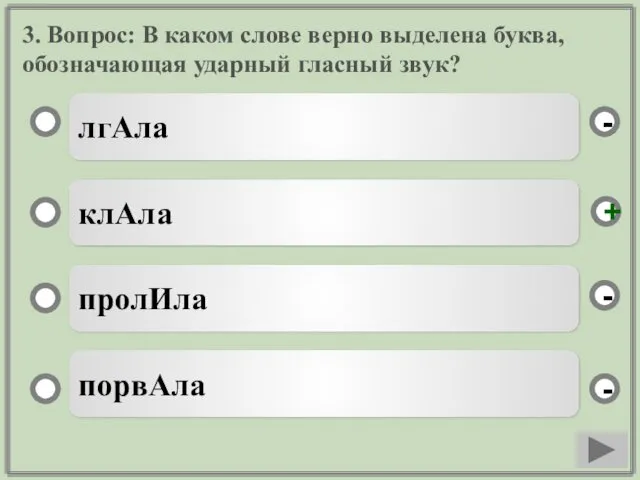 3. Вопрос: В каком слове верно выделена буква, обозначающая ударный