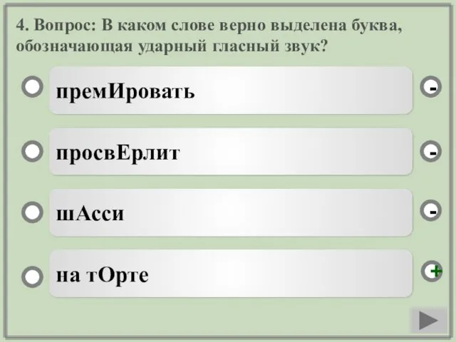 4. Вопрос: В каком слове верно выделена буква, обозначающая ударный