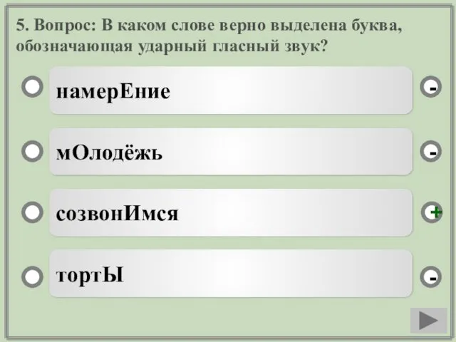 5. Вопрос: В каком слове верно выделена буква, обозначающая ударный