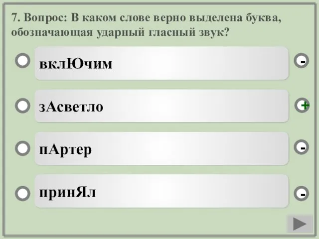 7. Вопрос: В каком слове верно выделена буква, обозначающая ударный