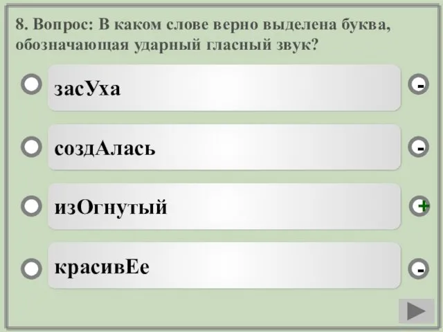 8. Вопрос: В каком слове верно выделена буква, обозначающая ударный