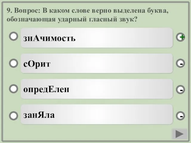 9. Вопрос: В каком слове верно выделена буква, обозначающая ударный