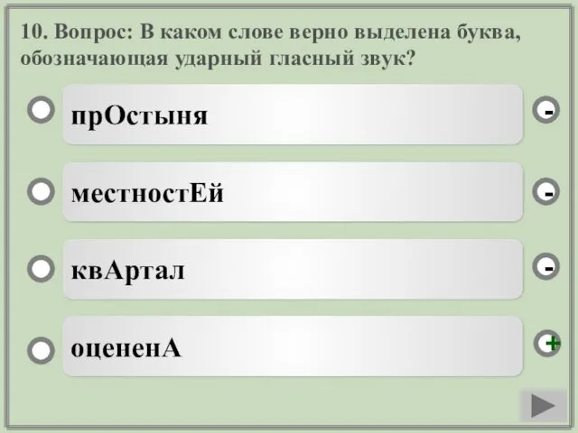 10. Вопрос: В каком слове верно выделена буква, обозначающая ударный