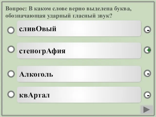 Вопрос: В каком слове верно выделена буква, обозначающая ударный гласный