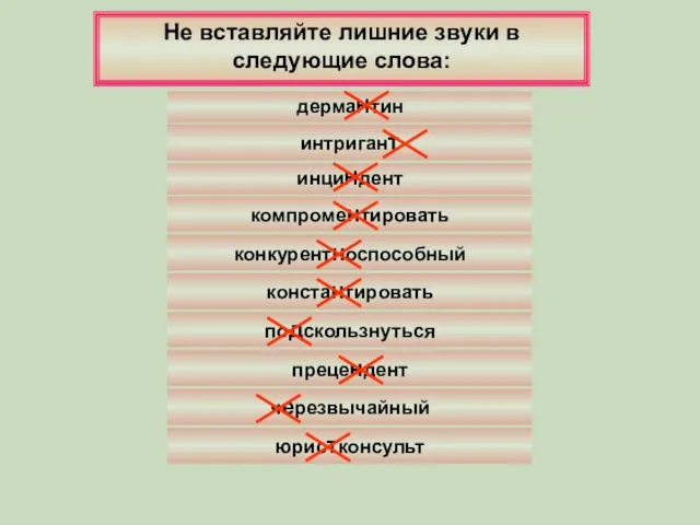 черезвычайный Не вставляйте лишние звуки в следующие слова: компроментировать конкурентноспособный