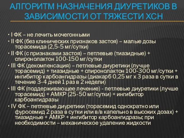 АЛГОРИТМ НАЗНАЧЕНИЯ ДИУРЕТИКОВ В ЗАВИСИМОСТИ ОТ ТЯЖЕСТИ ХСН • I