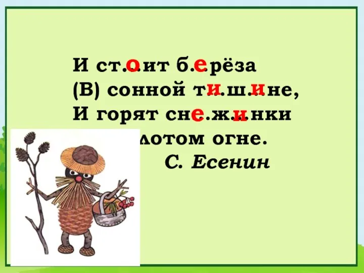 И ст...ит б...рёза (В) сонной т...ш...не, И горят сн...ж...нки (В) з...лотом огне. С.