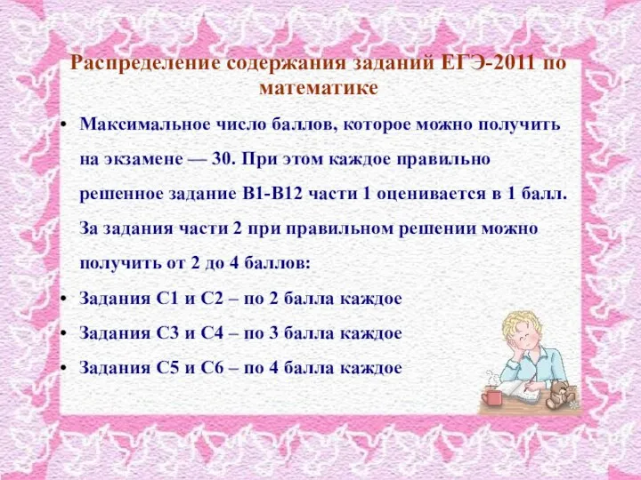 Распределение содержания заданий ЕГЭ-2011 по математике Максимальное число баллов, которое можно получить на