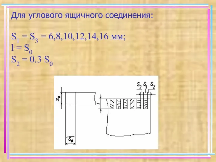 Для углового ящичного соединения: S1 = S3 = 6,8,10,12,14,16 мм;