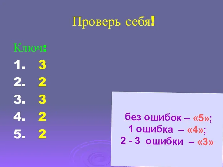 Проверь себя! Ключ: 1. 3 2. 2 3. 3 4.