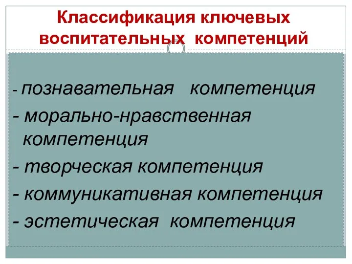 Классификация ключевых воспитательных компетенций - познавательная компетенция - морально-нравственная компетенция - творческая компетенция