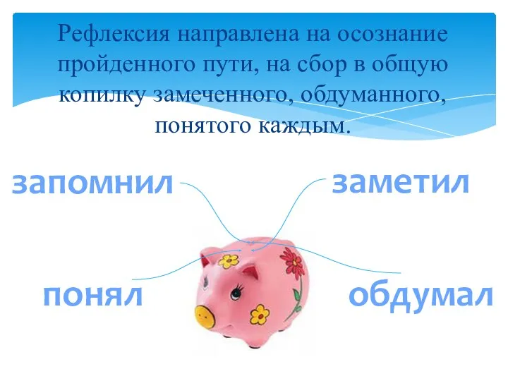 Рефлексия направлена на осознание пройденного пути, на сбор в общую копилку замеченного, обдуманного,