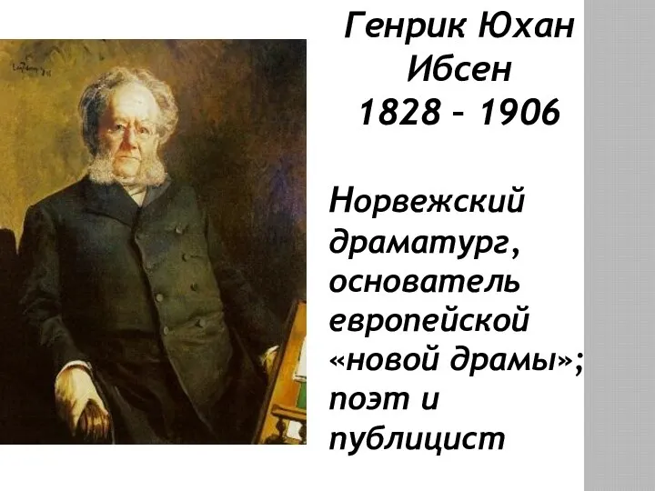 Генрик Юхан Ибсен 1828 – 1906 Норвежский драматург, основатель европейской «новой драмы»; поэт и публицист