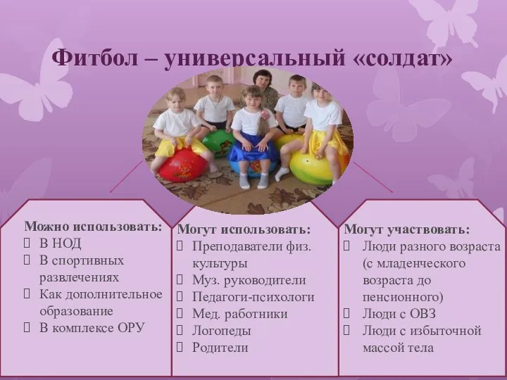 Фитбол – универсальный «солдат» Можно использовать: В НОД В спортивных развлечениях Как дополнительное