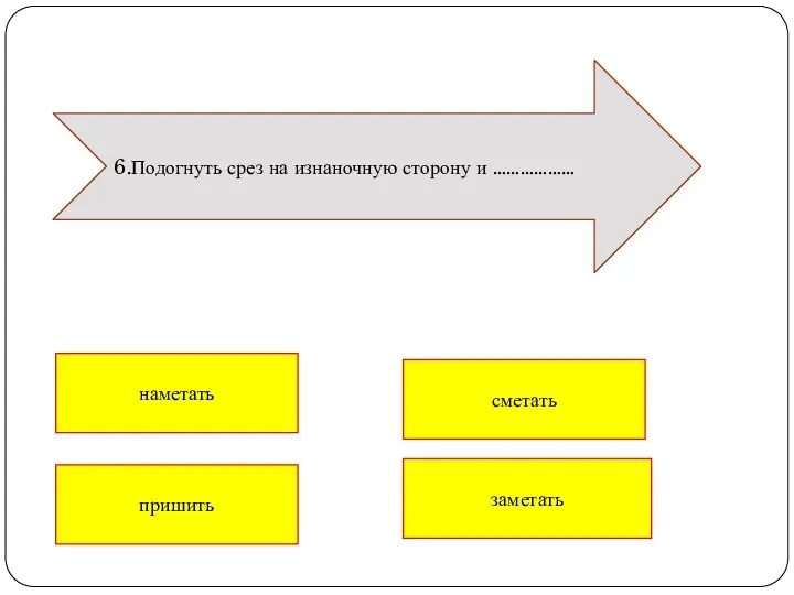 пришить заметать 6.Подогнуть срез на изнаночную сторону и ……………… наметать сметать