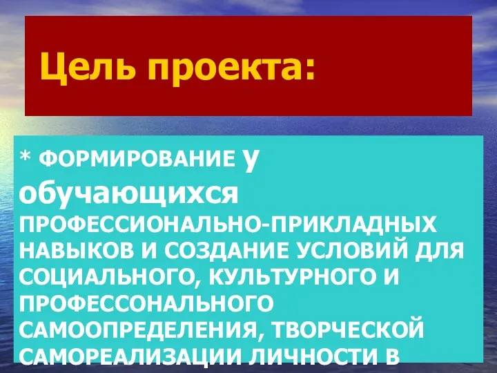 Цель проекта: * ФОРМИРОВАНИЕ у обучающихся ПРОФЕССИОНАЛЬНО-ПРИКЛАДНЫХ НАВЫКОВ И СОЗДАНИЕ