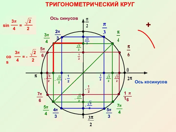 ТРИГОНОМЕТРИЧЕСКИЙ КРУГ Ось косинусов Ось синусов +