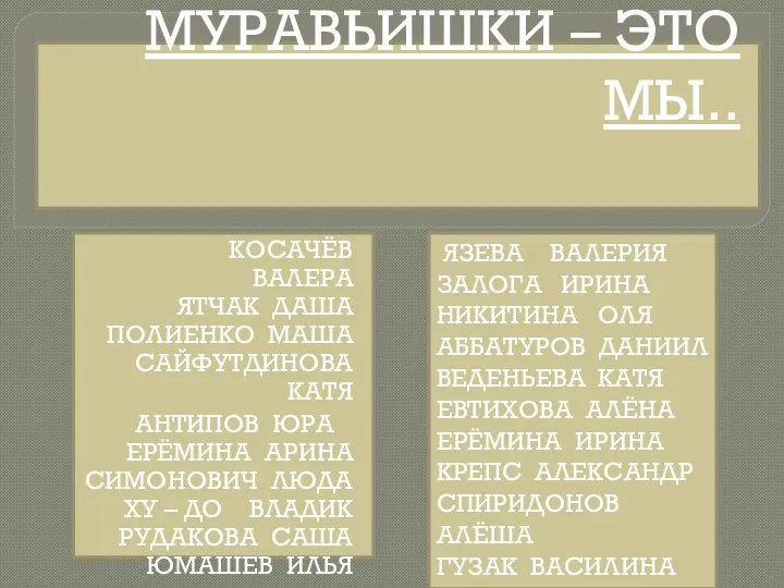 МУРАВЬИШКИ – ЭТО МЫ.. КОСАЧЁВ ВАЛЕРА ЯТЧАК ДАША ПОЛИЕНКО МАША