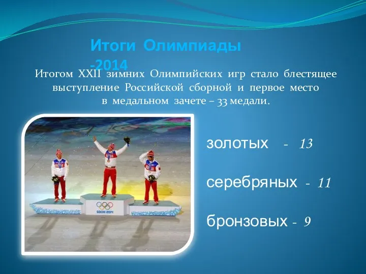Итоги Олимпиады -2014 Итогом XXII зимних Олимпийских игр стало блестящее выступление Российской сборной
