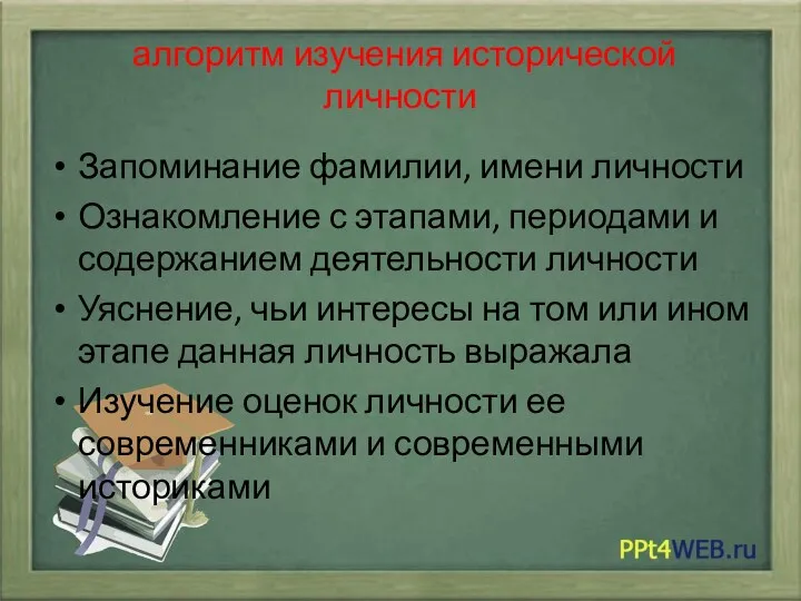 алгоритм изучения исторической личности Запоминание фамилии, имени личности Ознакомление с этапами, периодами и