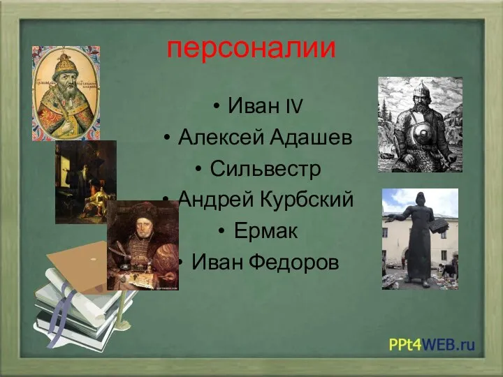 персоналии Иван IV Алексей Адашев Сильвестр Андрей Курбский Ермак Иван Федоров