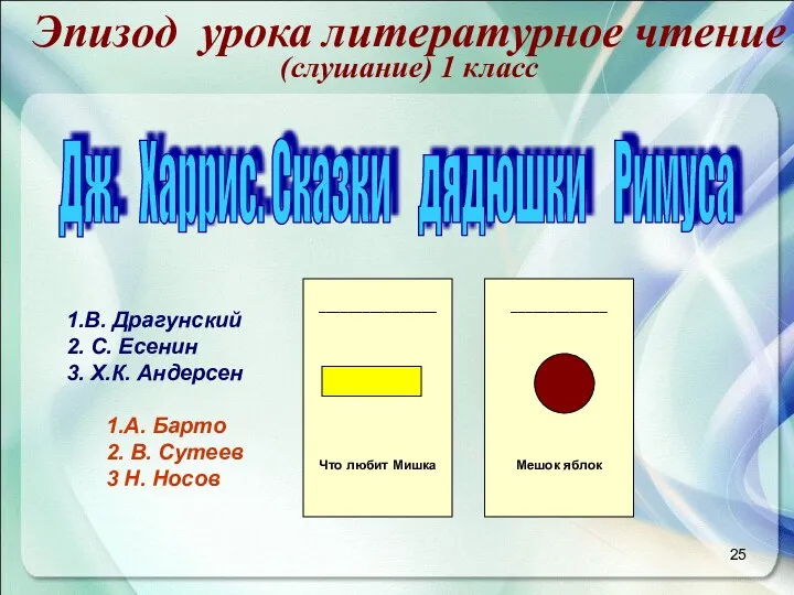 Эпизод урока литературное чтение (слушание) 1 класс Дж. Харрис. Сказки