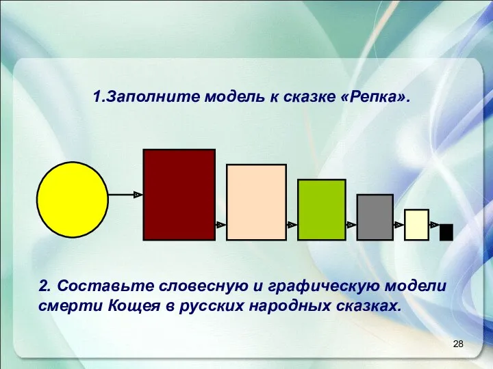 1.Заполните модель к сказке «Репка». 2. Составьте словесную и графическую