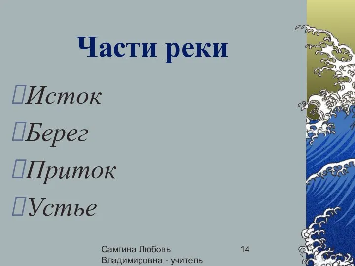 Самгина Любовь Владимировна - учитель начальных классов Части реки Исток Берег Приток Устье