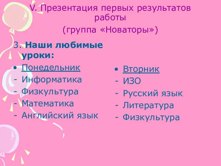 V. Презентация первых результатов работы (группа «Новаторы») 3. Наши любимые уроки: Понедельник Информатика