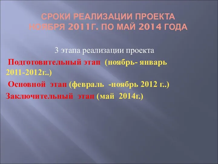 СРОКИ РЕАЛИЗАЦИИ ПРОЕКТА НОЯБРЯ 2011Г. ПО МАЙ 2014 ГОДА 3 этапа реализации проекта