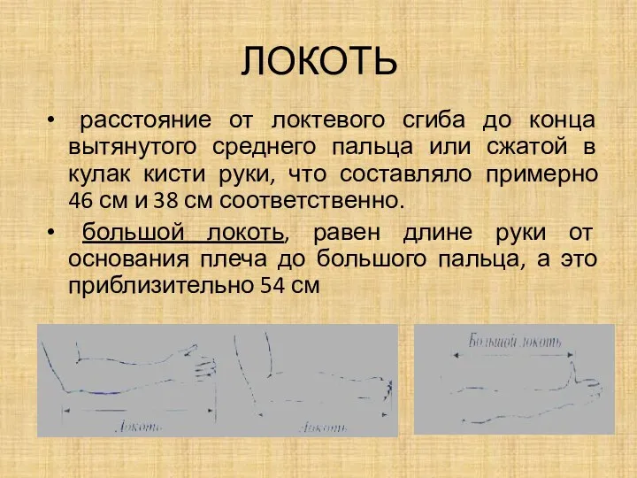 ЛОКОТЬ расстояние от локтевого сгиба до конца вытянутого среднего пальца или сжатой в