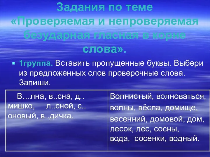 Задания по теме «Проверяемая и непроверяемая безударная гласная в корне