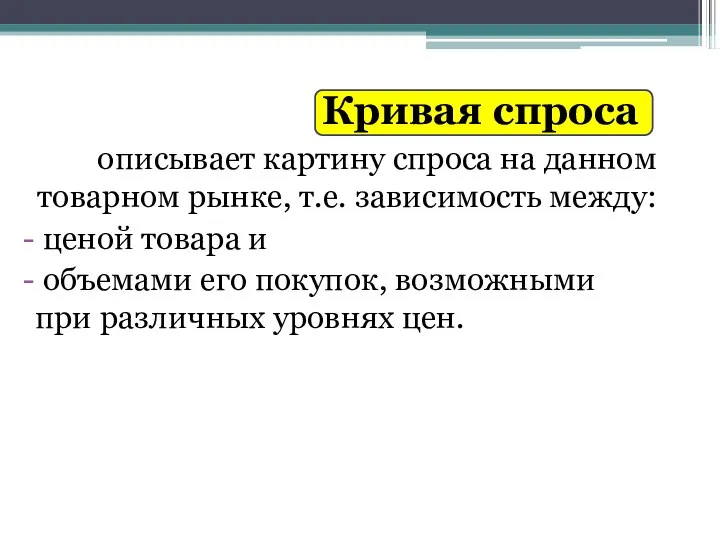 Кривая спроса описывает картину спроса на данном товарном рынке, т.е.