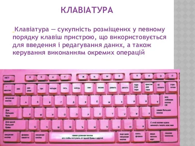 КЛАВІАТУРА Клавіатура — сукупність розміщених у певному порядку клавіш пристрою, що використовується для