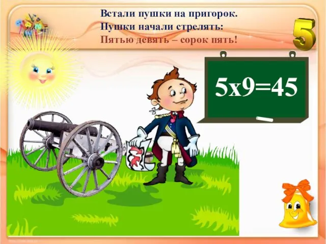 Встали пушки на пригорок. Пушки начали стрелять: Пятью девять – сорок пять! 5х9=45