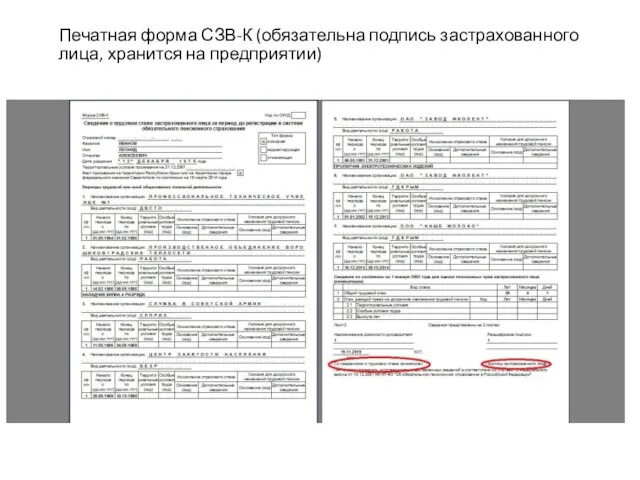 Печатная форма СЗВ-К (обязательна подпись застрахованного лица, хранится на предприятии)